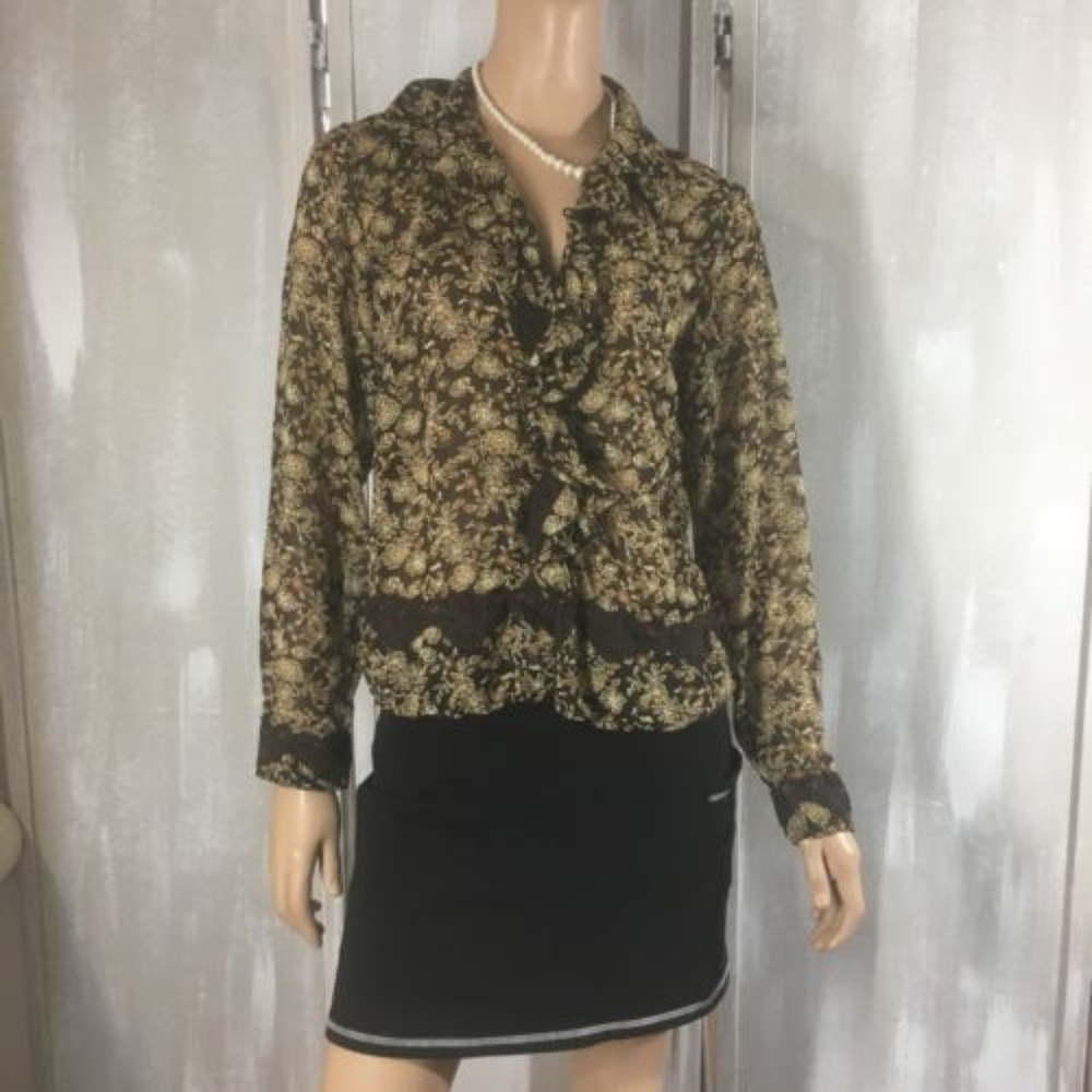 Axcess Size 6 Blouse Brown Orange Floral Design